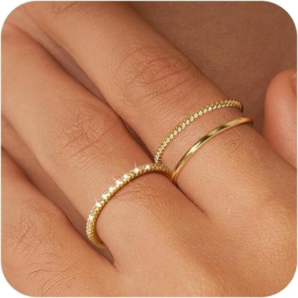 Women Dainty 14K Gold Plated Thumb CZ 3PCS Thin Stackable Ring Set - Picture 1 of 7